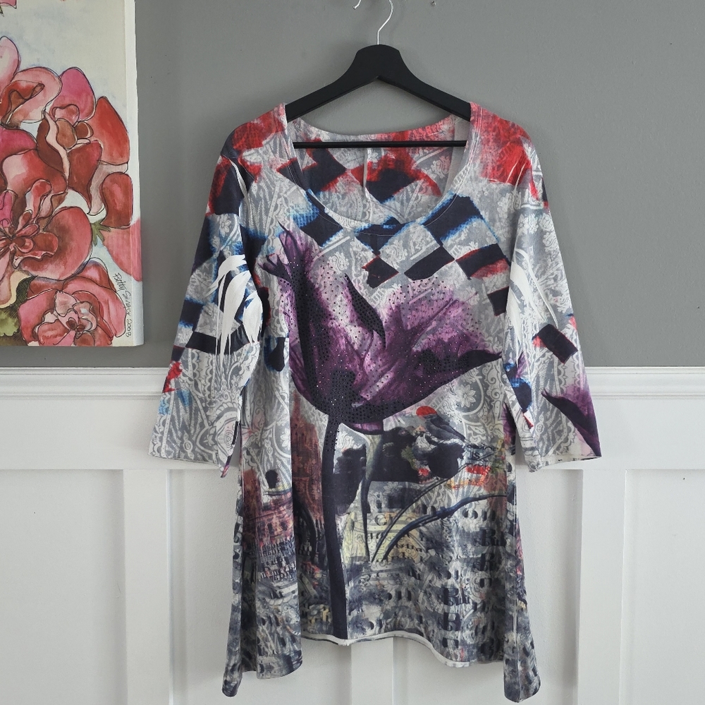 Marie Claire Chic Colorful Artistic Tulip Print Tunic -  Boho Chic- Size L